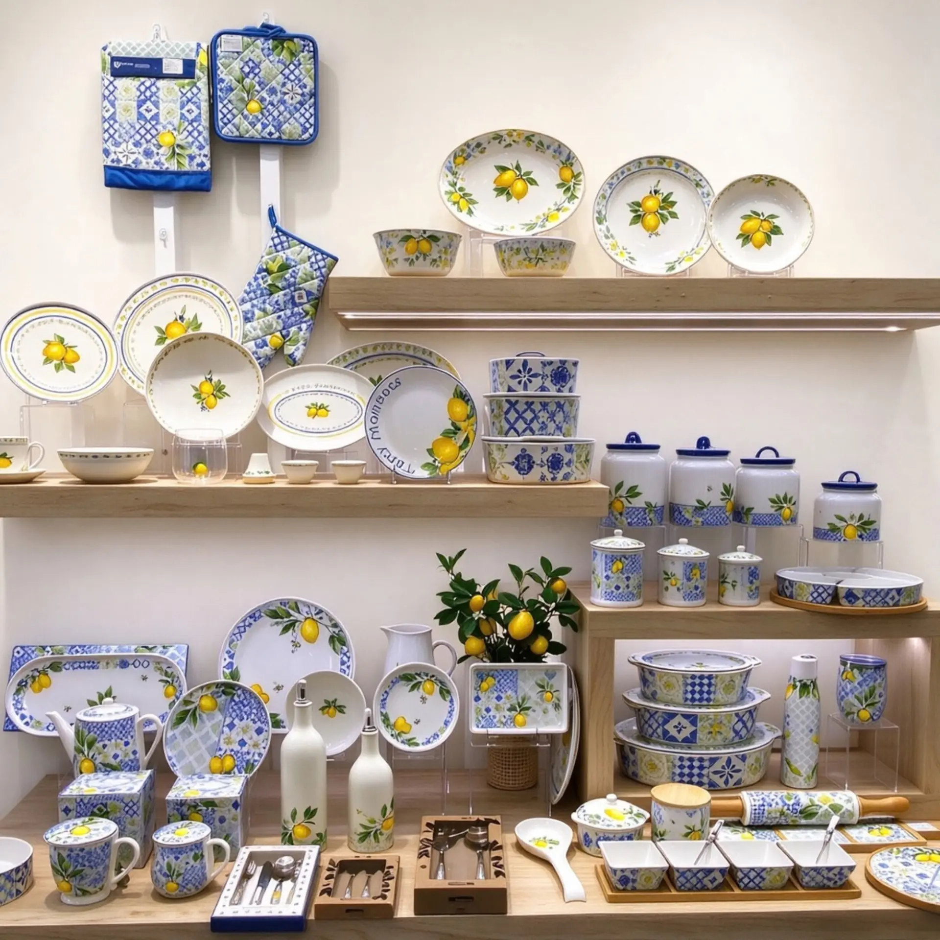 Lemon-themed tableware and homeware collection displayed on shelves by GeOlivia Designs